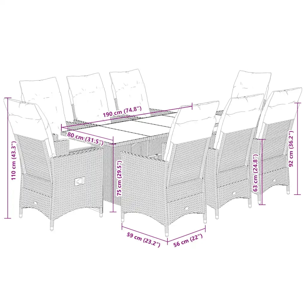 vidaXL Set da Pranzo da Giardino 9pz con Cuscini Marrone in Polyrattan