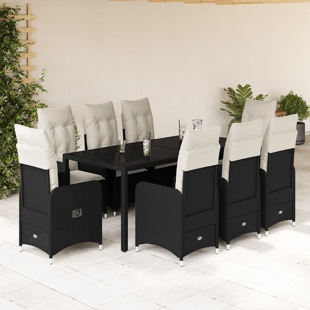 Set BistrÃ² da Giardino 9 pz con Cuscini in Polyrattan Nero