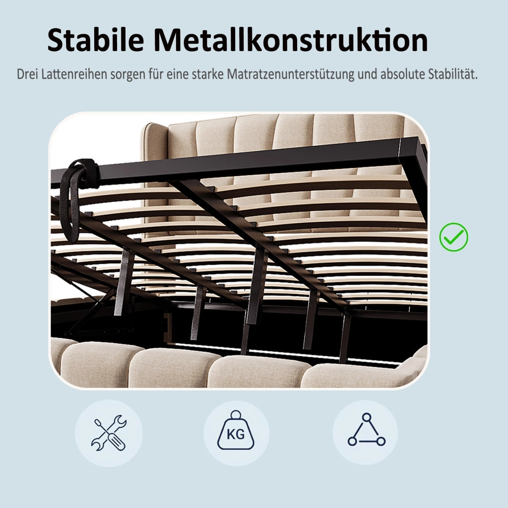 Letto contenitore 180 × 200 cm con sollevamento a gas, senza materasso, in tessuto effetto lino beige