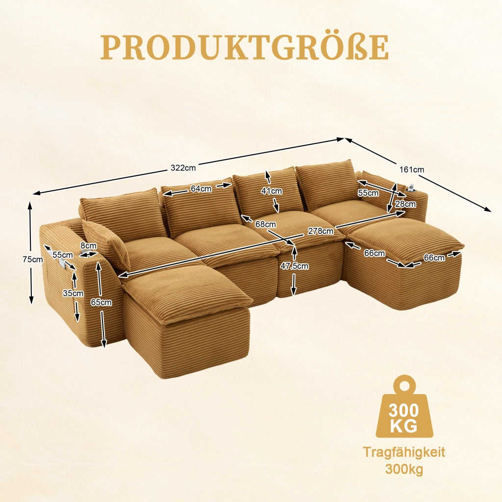 Divano modulare con tasche laterali cuscini schiuma e molle in velluto a coste arancione 322 × 161 × 75 cm