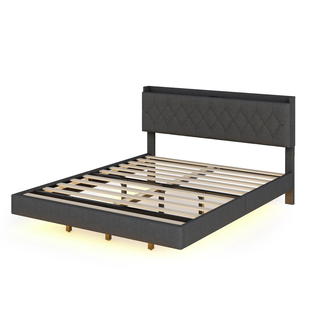 Letto imbottito con USB e LED, 160x200 cm, lino grigio