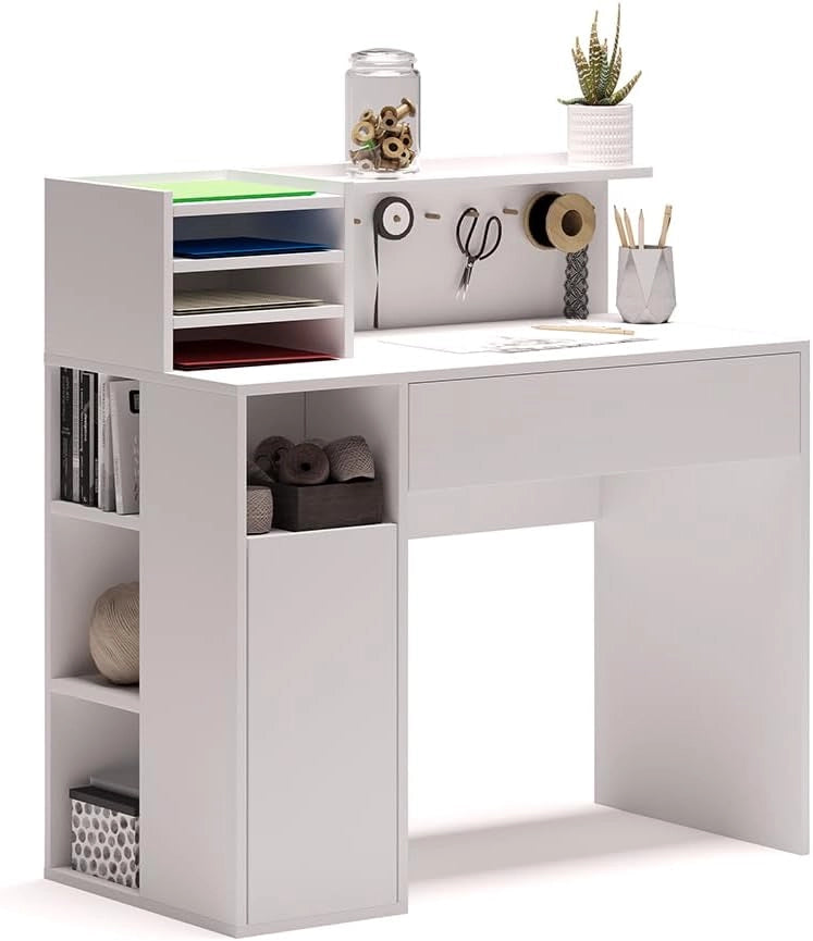 Scrivania, Bianco, 100 x 50 cm, con piano d’appoggio aperto per materiali da lavoro