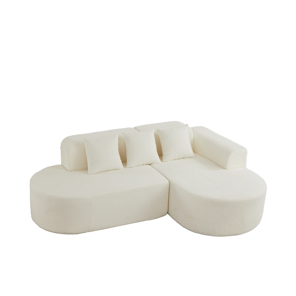 Divano angolare con chaise longue a destra e 3 cuscini schienale, design arrotondato in ciniglia beige