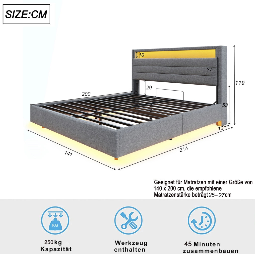 Letto imbottito 140x200 cm con contenitore idraulico, LED e USB