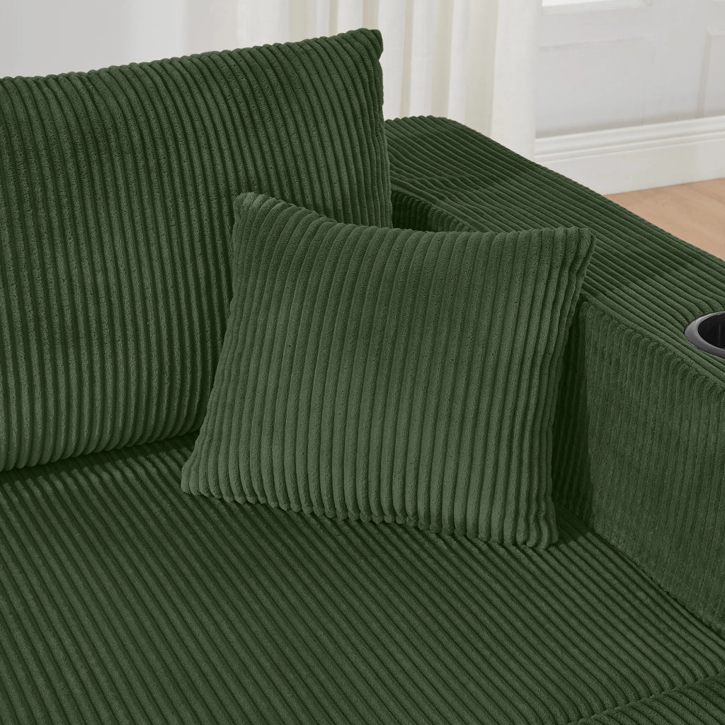 Divano angolare modulare 3 posti con pouf mobili portabicchieri tasche laterali e cuscini in velluto a coste verde