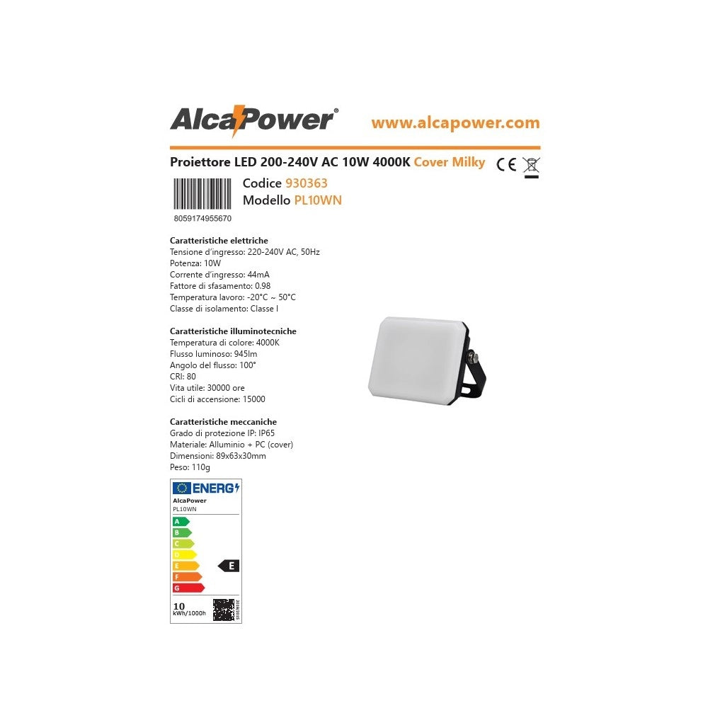 Alca power proiettore led 220-240v da 10w 4000k luce diurna