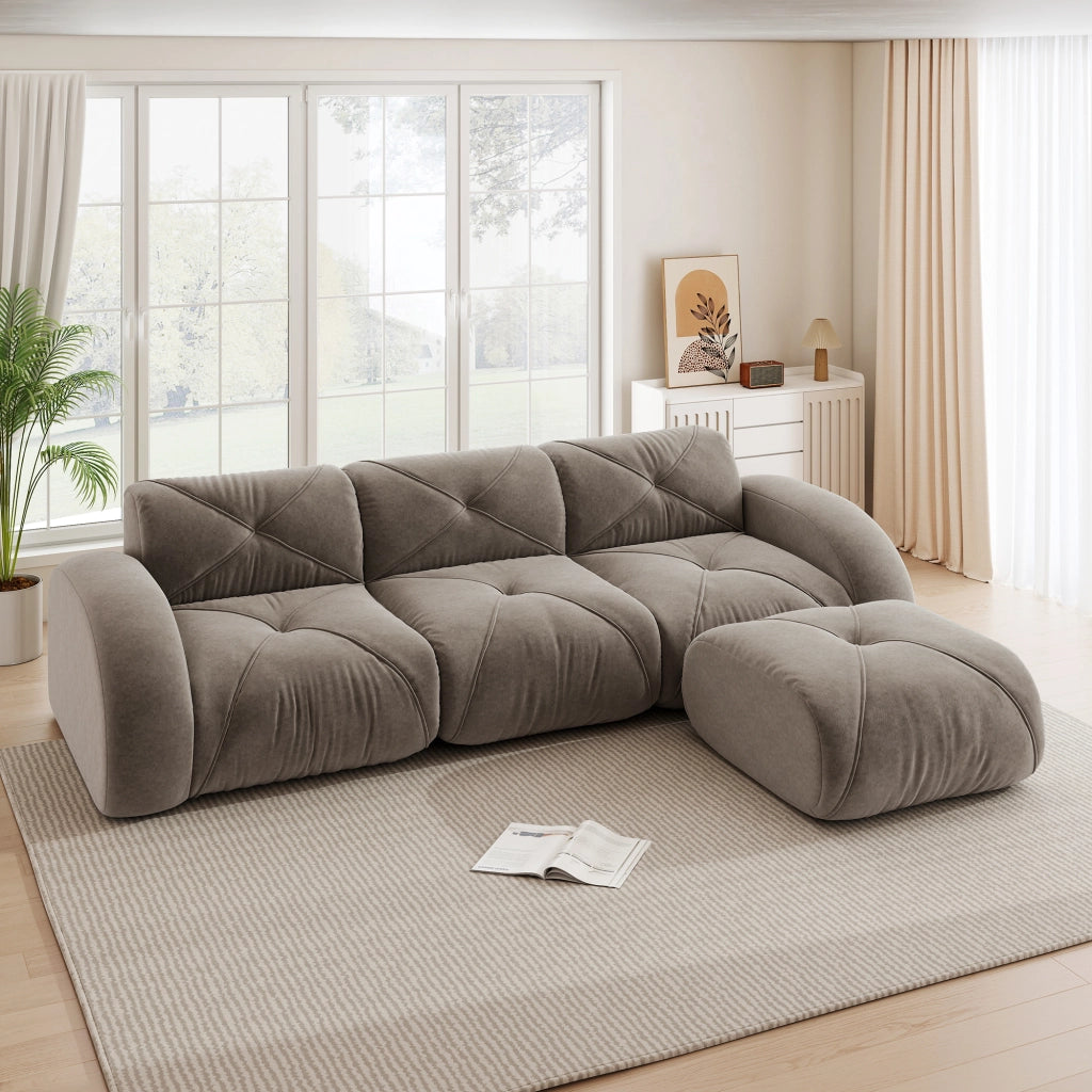 Divano modulare a L con pouf e seduta in schiuma 32D, in ciniglia tortora 281 × 171 × 76 cm