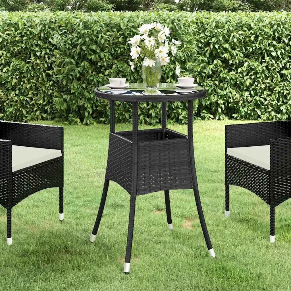 Tavolo da Giardino Ø60x75 cm Vetro Temperato e Polyrattan Nero 310598