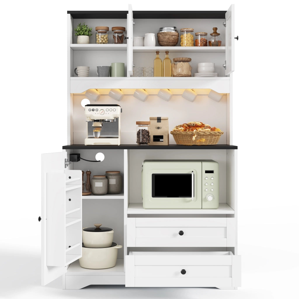 Credenza da cucina alta con LED, presa e 2 cassetti, ripiani regolabili, per cucina, bianca, 100 × 40 × 163 cm