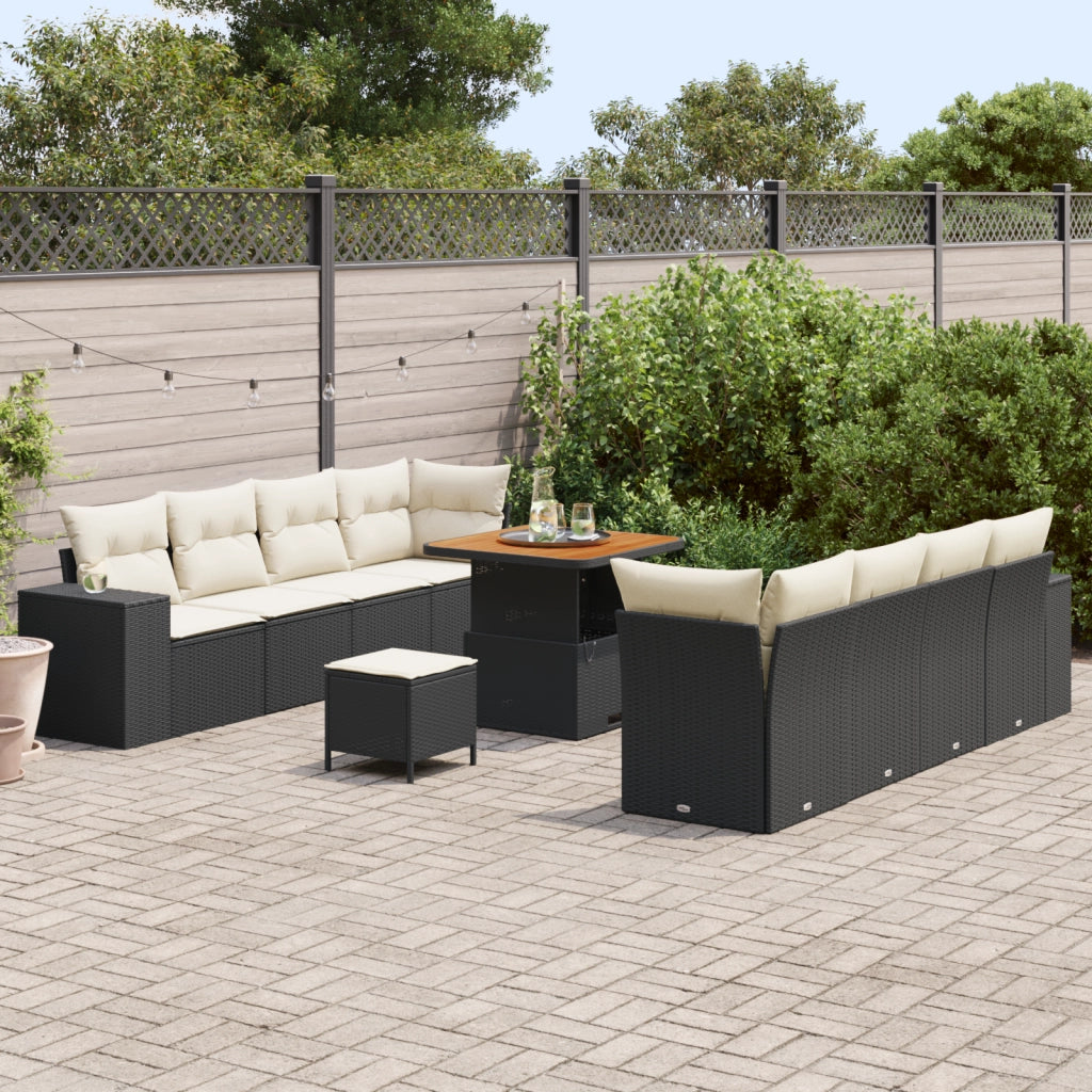 Set Divano da Giardino da 11 pezzi con Cuscini Rattan Polyrattan Nero Acacia