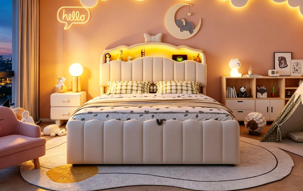 Letto imbottito ULEVR 140x200 cm beige con contenitore idraulico, LED multicolore, USB e USB-C
