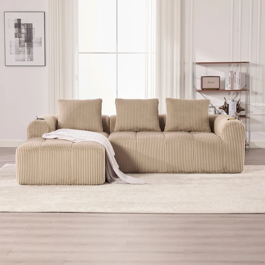 Divano modulare in tessuto a coste con tasche laterali, portabicchieri e tre cuscini, khaki 253 × 158 × 61 cm