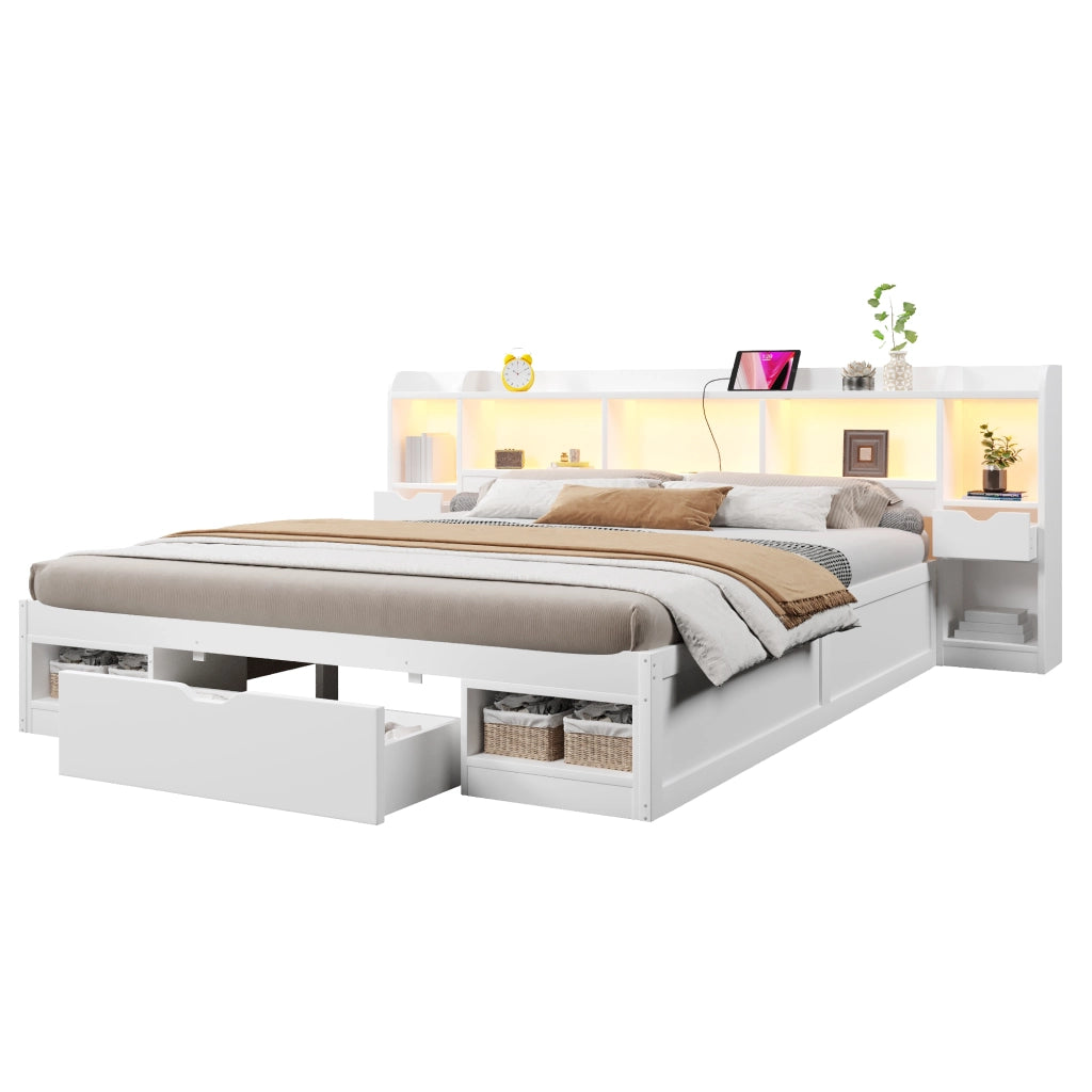 Letto matrimoniale a piattaforma 180x200 cm con vani e cassetti; LED bianco