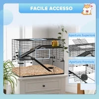 Gabbia per Criceti a 3 Livelli con Base in Vetro Temperato, Ruota e Accessori, 76.5x48.5x54.5 cm, Nero