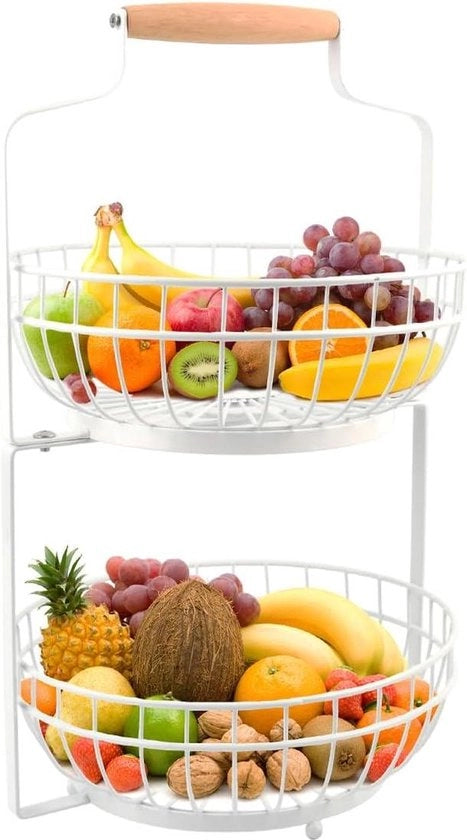 Scaletta per frutta e verdura a 2 piani con maniglia in legno - per cucina e ufficio