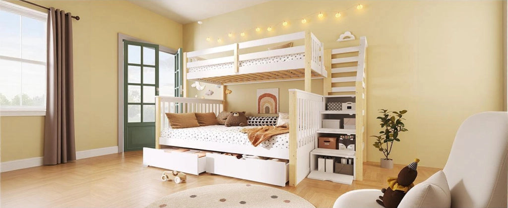 LETTO A CASTELLO 90x200/140x200 cm Bianco e Naturale con cassetti