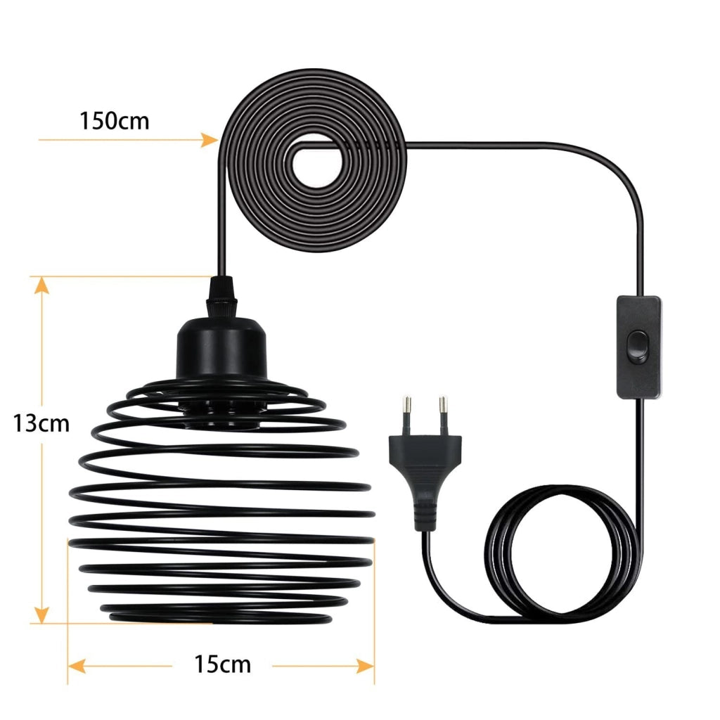 Lampada a Sospensione ZMH design vintage nero E27 diametro 15cm molla metallo con presa e interruttore per soggiorno