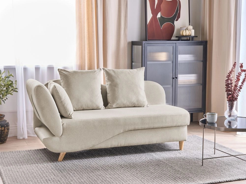 Chaise Longue in tessuto beige lato sinistro con contenitore soggiorno design moderno