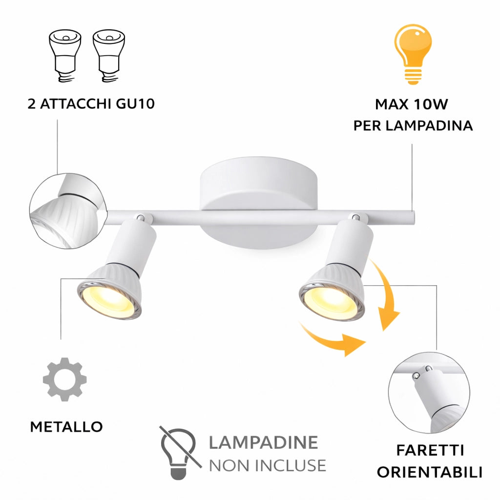 Faretto Soffitto 2 Luci GU10 Orientabili in Metallo, Plafoniera Spot Direzionabili, Lampada da Soffitto Moderna per Corridoio Cucina Soggiorno, Bianco, Lampadine Non Incluse