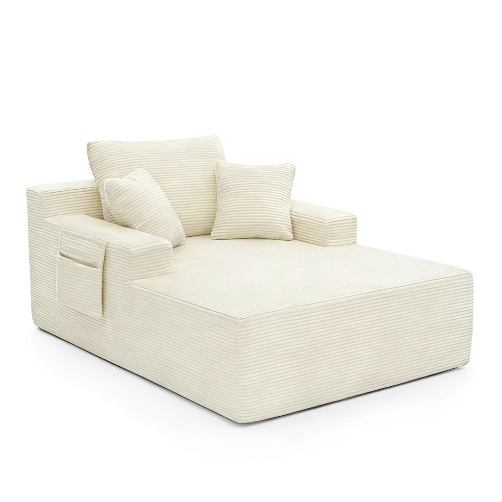 Divano dritto con tasche laterali, cuscini e seduta in schiuma con molle, in velluto a coste, Beige