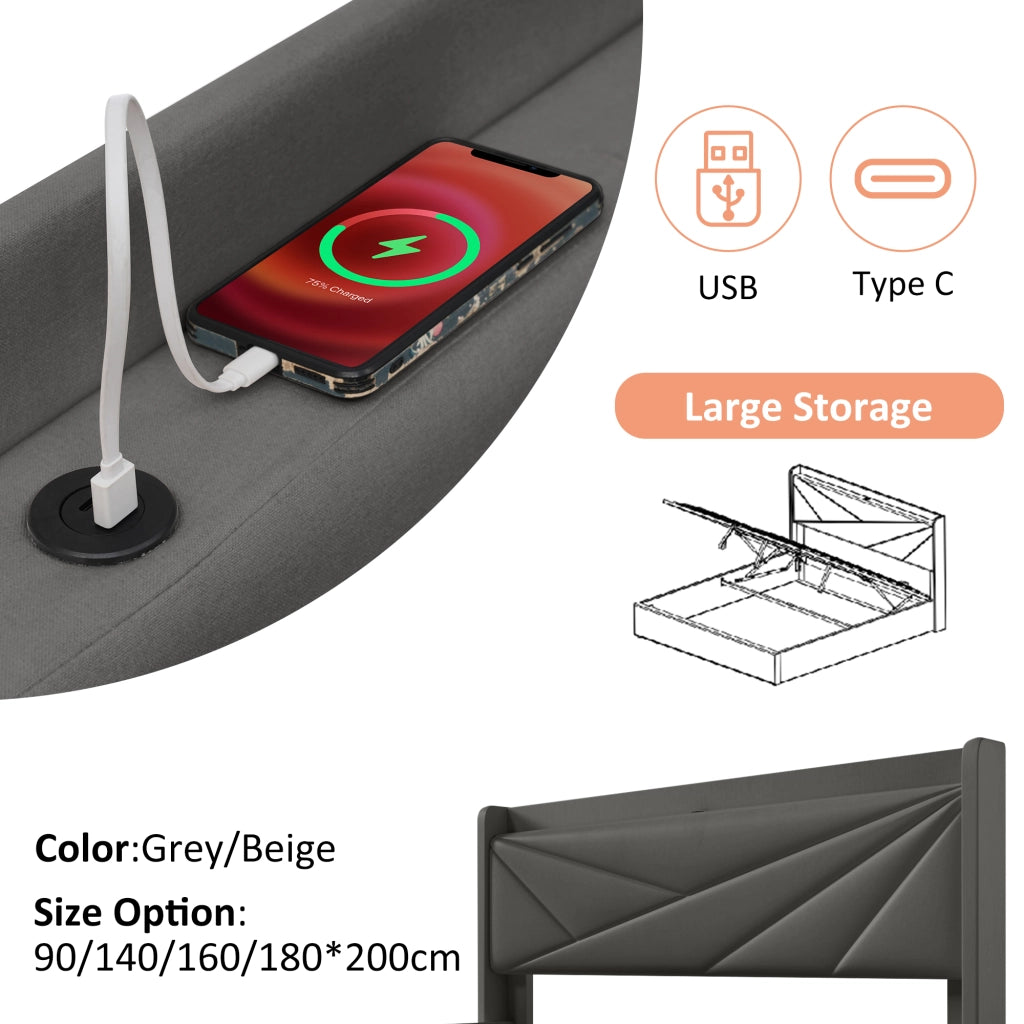 Letto singolo – 90x200 cm – USBC contenitore con materasso – lino