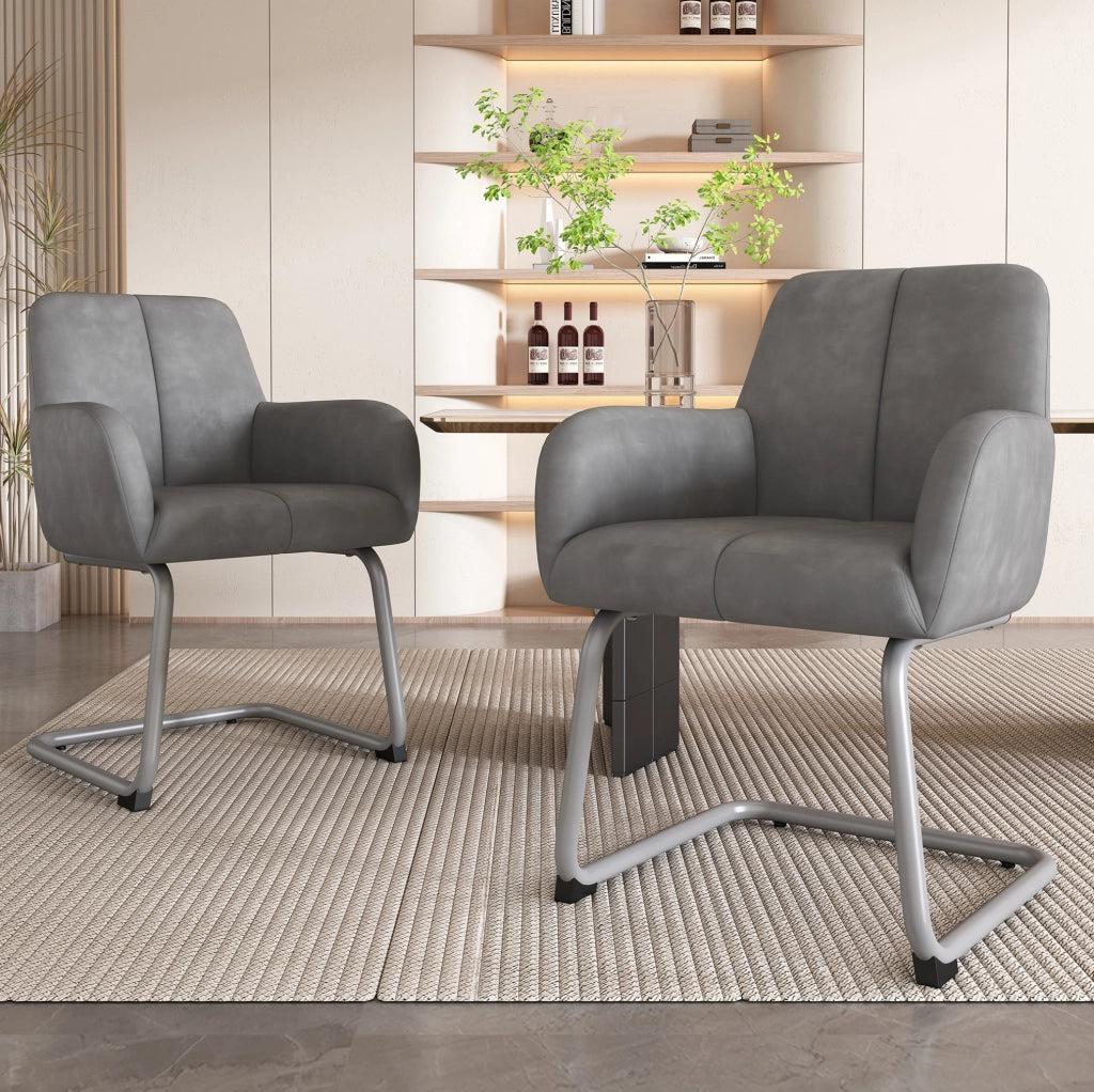 Set di 6 sedie da pranzo con braccioli; design ergonomico; in pelle; grigio
