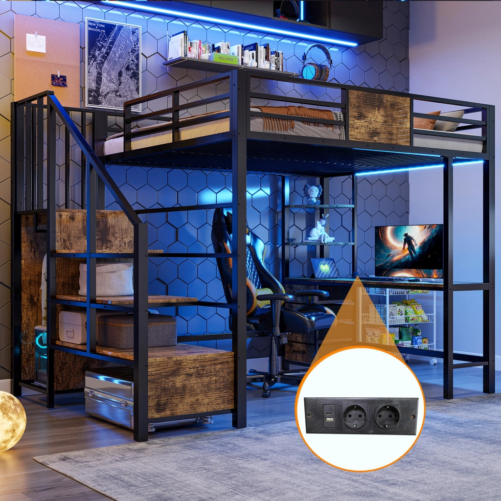 Letto a soppalco 140x200 cm in metallo con scrivania, ripiani, barra appendiabiti, LED e presa europea, colore nero