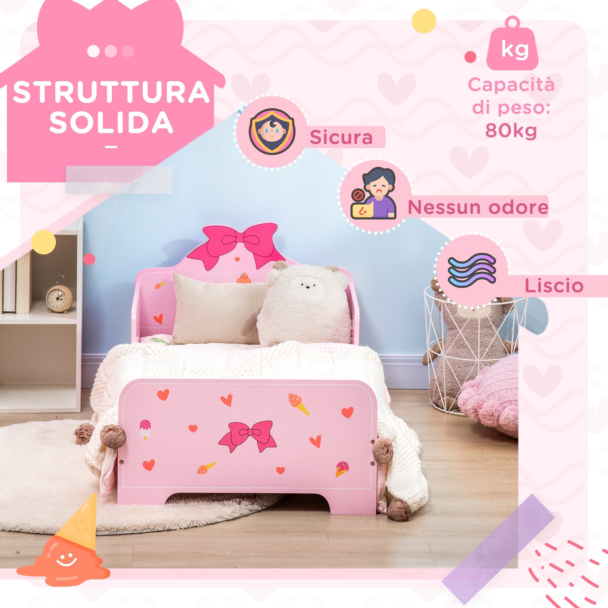 Letto per Bambini con Sponde 143x74x59 cm Fantasia Fiocco Rosa