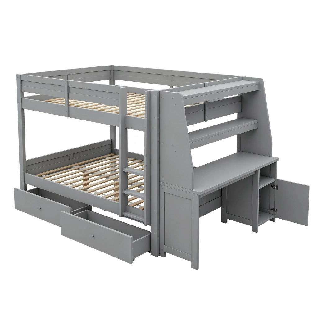 Letto a castello matrimoniale 140×200 cm con scrivania; ripiani; 2 cassetti e scala; senza materasso; legno; grigio