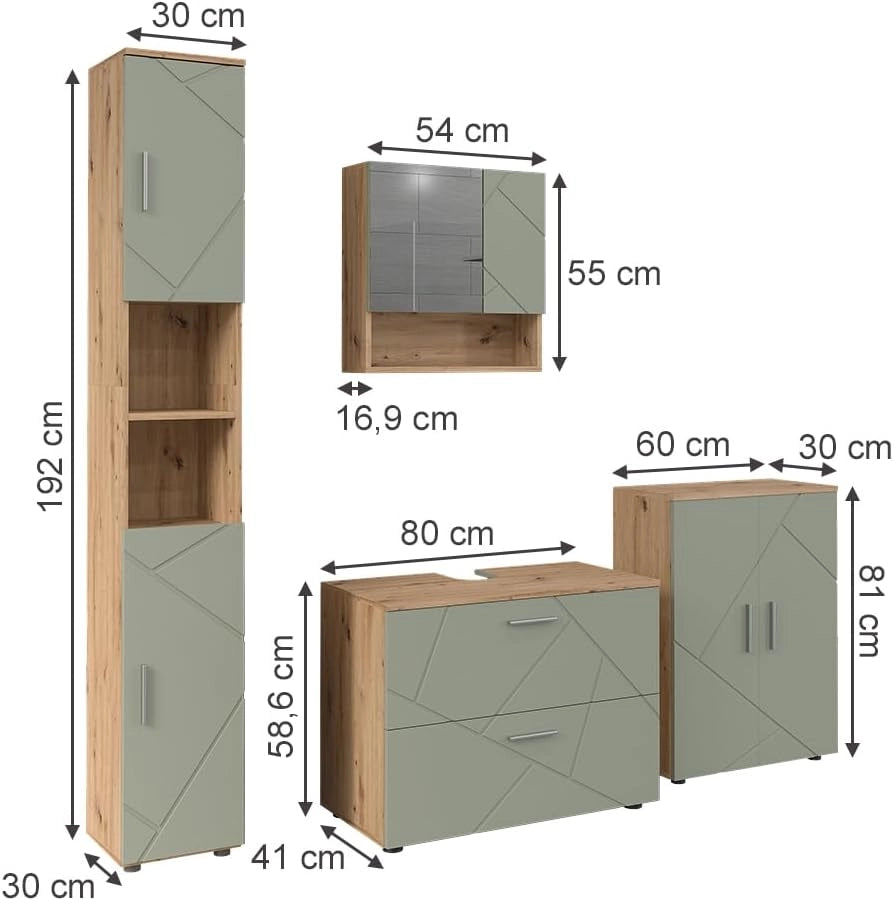 Set di mobili da bagno Irma, Verde salvia, 80 cm, composto da mobile lavabo, pensile a specchio, colonna e base media