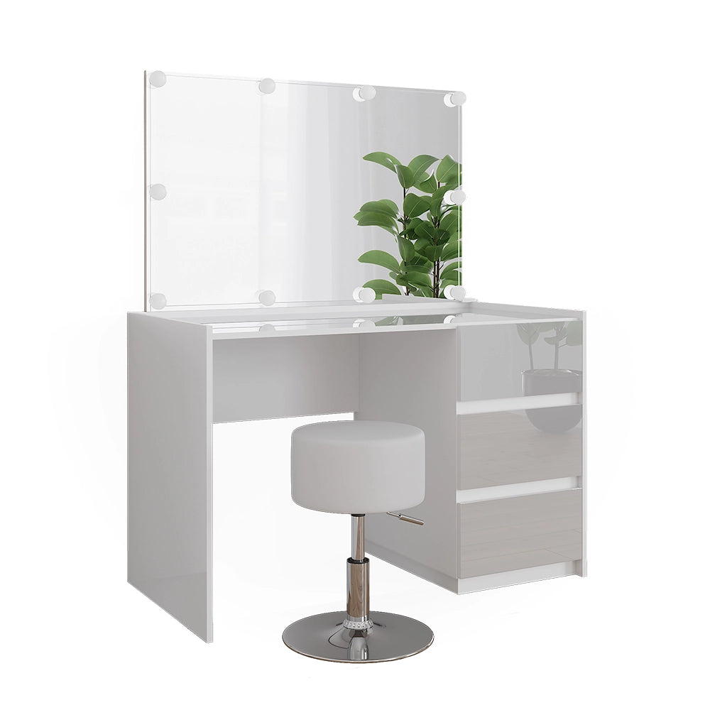 Vicco Tavolo da toilette Bianco lucido 120 cm con specchio, sgabello, luci fiabesche a LED