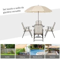 6 pz Set Mobili da Giardino in Tubi d'Acciaio,   Tavolo da Giardino con Sedie e Ombrellone, Crema