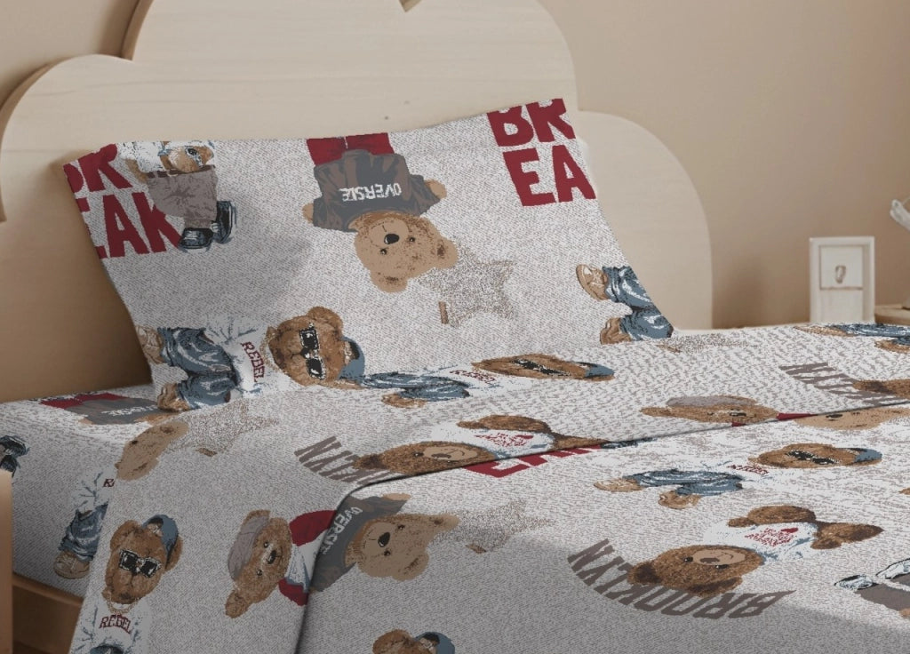 Completo Lenzuola Letto In 100% Cotone Made Italy Disegno Teddy - Singolo - Beige