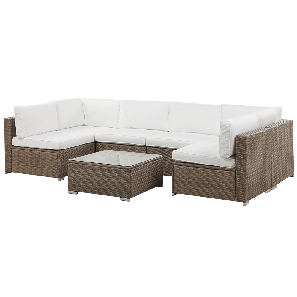 Set salotto da esterno marrone finto rattan bianco cuscini divano angolare modulare per 6 persone tavolino moderno set da giardino