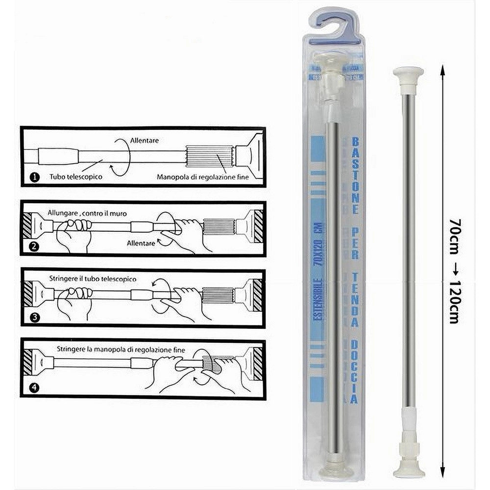 Trade Shop - Bastone Silver Estensibile Asta Appendiabiti Tende Regolabile Da 70-120 Cm 59408 -