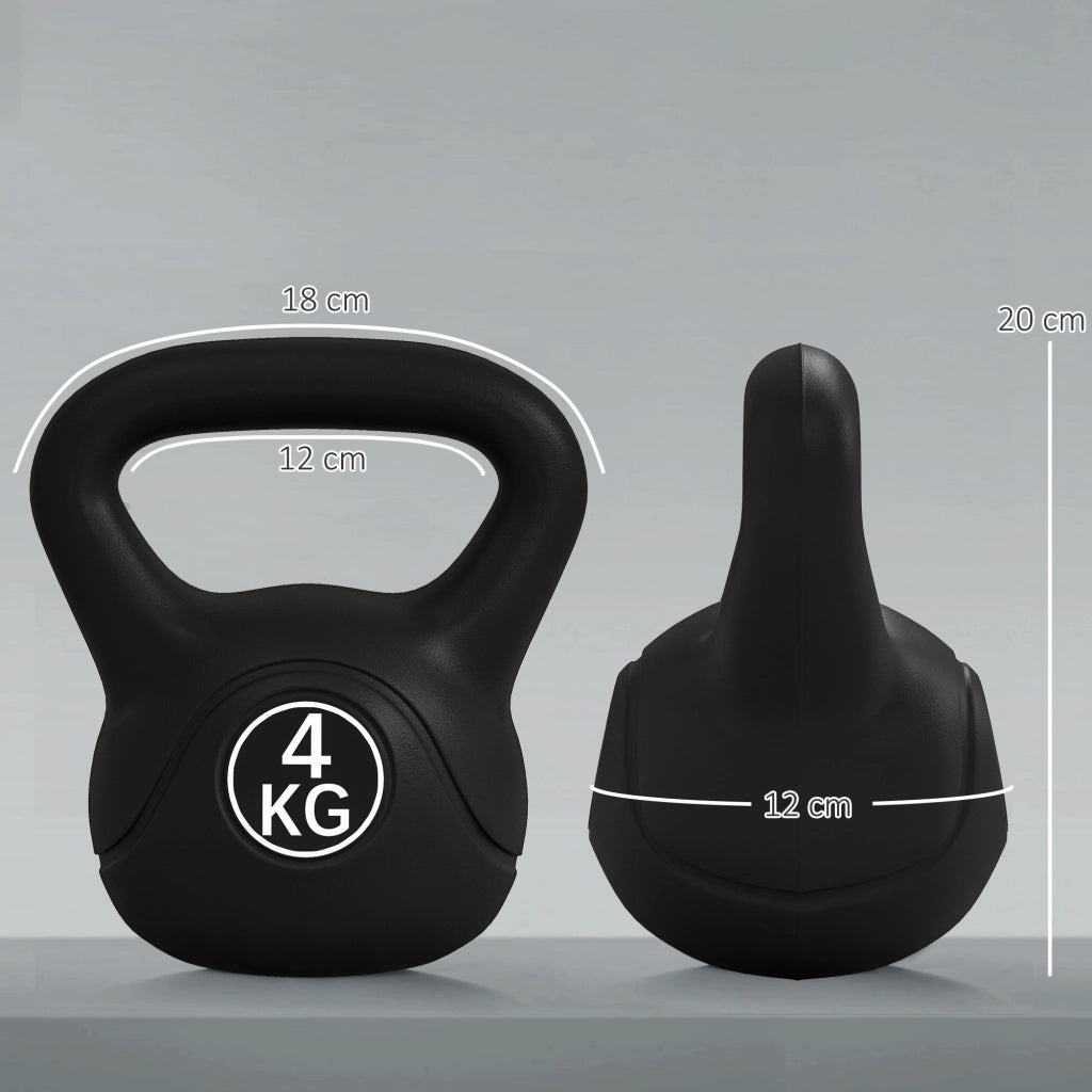 Kettlebell 4 kg ¨C zephmum ¨C Plastica e Sabbia, Base Piatta, Impugnatura, 18x12x20 cm, Nero