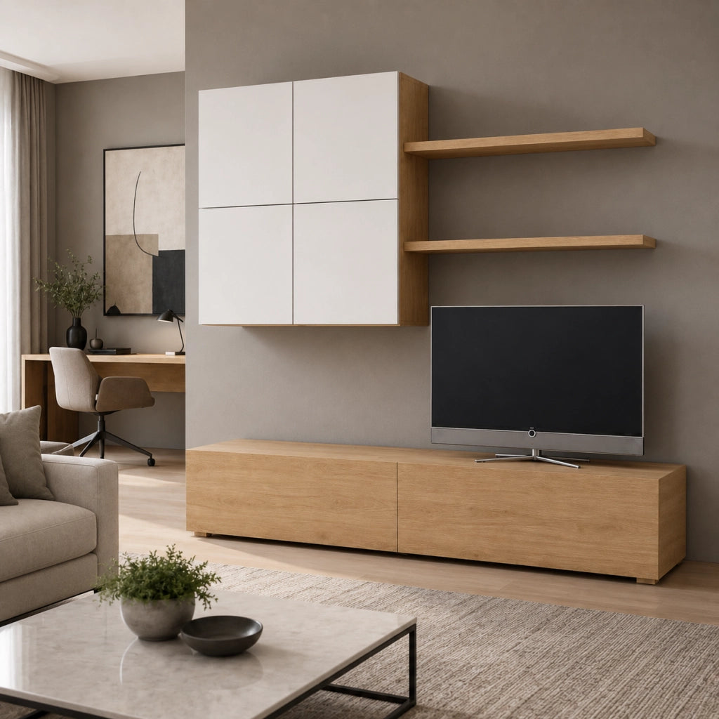 Parete Attrezzata Mobile Soggiorno Moderno Con Base TV 2 Ante Pensile 4 Ante e 2 Mensole Design Contemporaneo in Melaminico Facile da Pulire 200 x 194 x 40 cm Bianco e Rovere