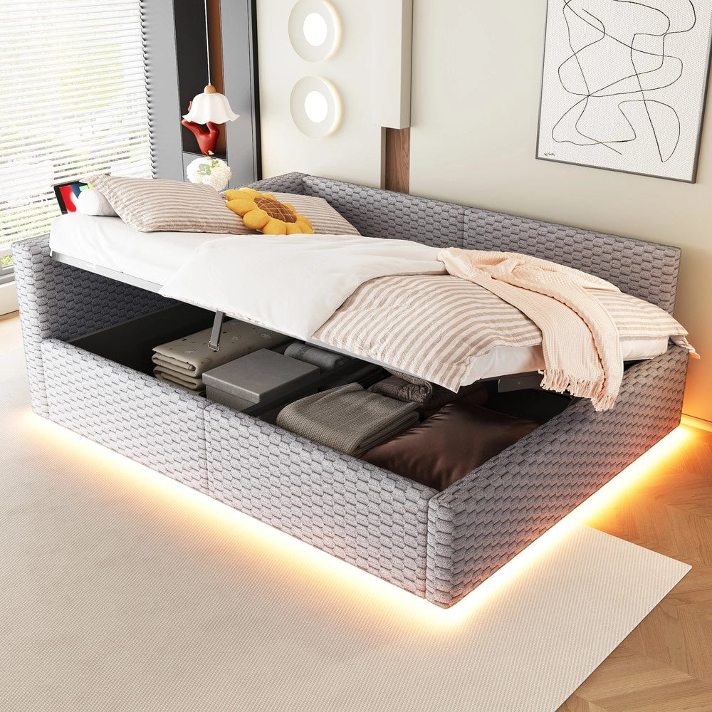 Letto imbottito con LED - Zephmum-140x200cm-Grigio-LED,USB,schienale L
