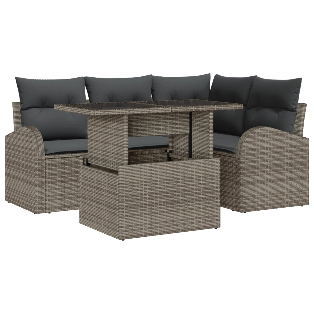 Set Divano da Giardino da 5 Pezzi con Cuscini Grigio Rattan Polimerico