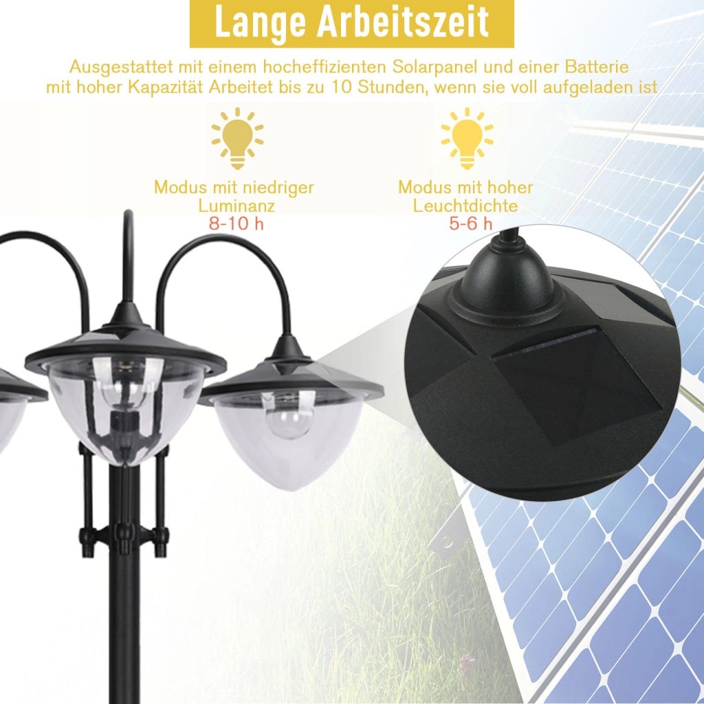 Lanterna Solare Da Giardino Tre Teste 60 X 55 X 189 Cm Plastica Nera Con Base Portavaso E Interruttore