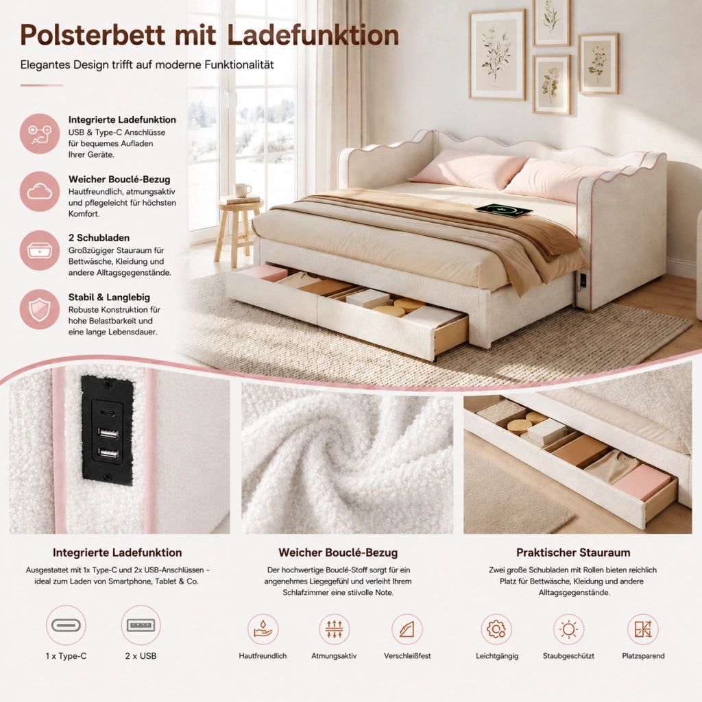 Letto estraibile 90 × 200 cm con 2 cassetti, USB e Type-C, senza materasso, bouclé beige
