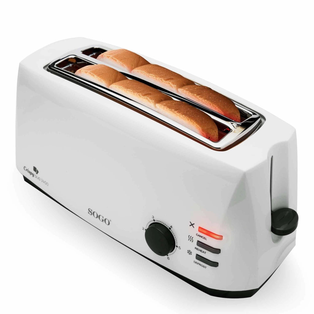 Tostapane elettrico 4 fette con ranure lunghe, 1400W, 6 livelli di tostatura, funzioni scongelamento e riscaldamento - SOGO
