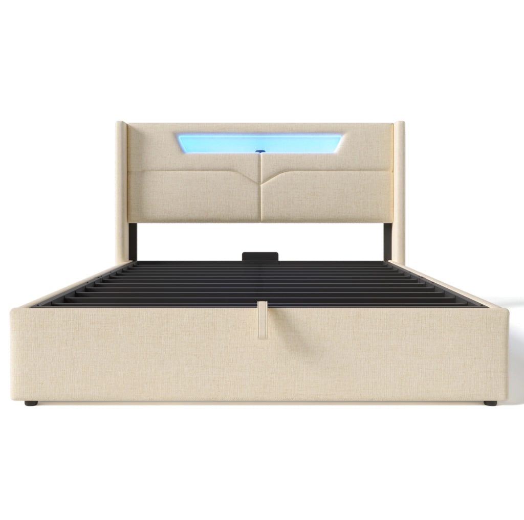 Letto imbottito 160x200 cm con contenitore; LED e USB Type C in lino beige