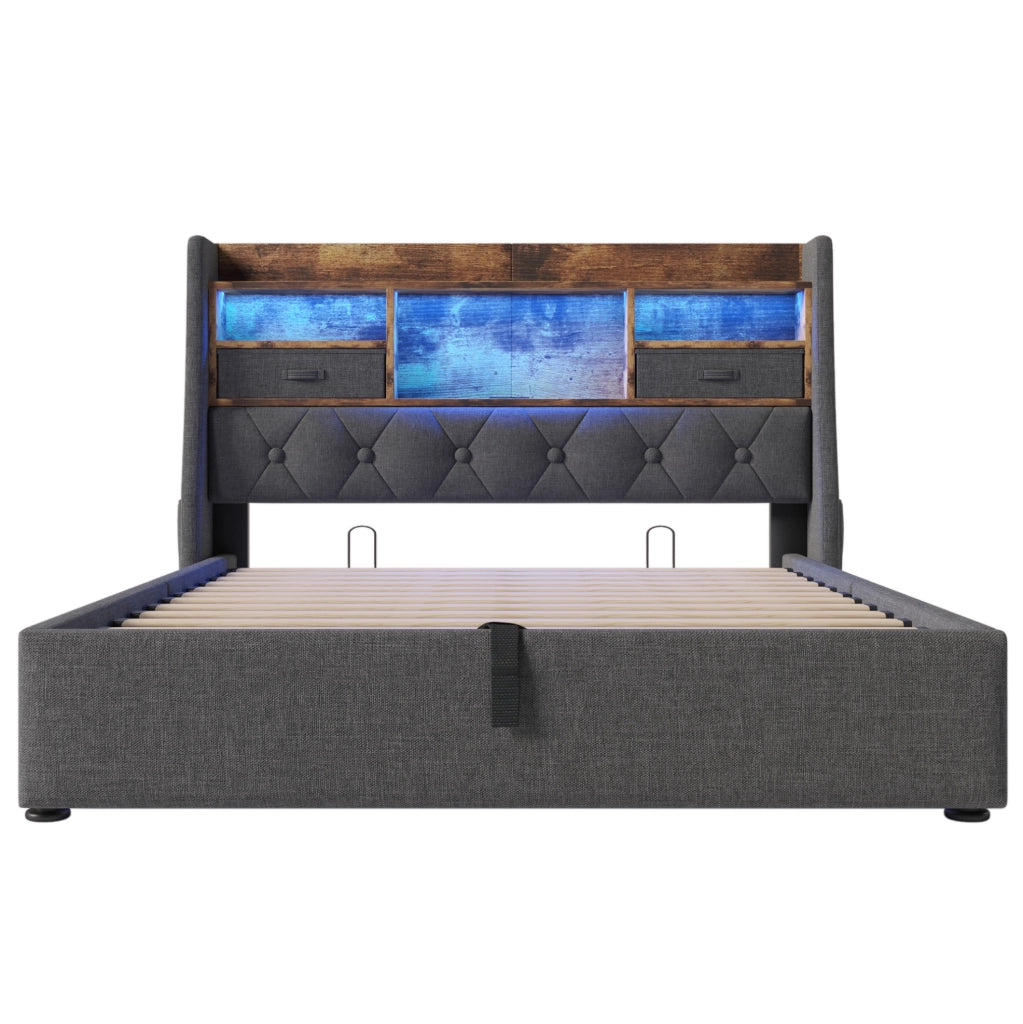 Letto matrimoniale 140x190 cm con contenitore idraulico; LED e porte USB in lino grigio