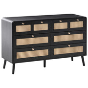 Cassettiera MDF 6 cassetti Gambe in legno Maniglie dorate Stile boho PE Rattan Nero
