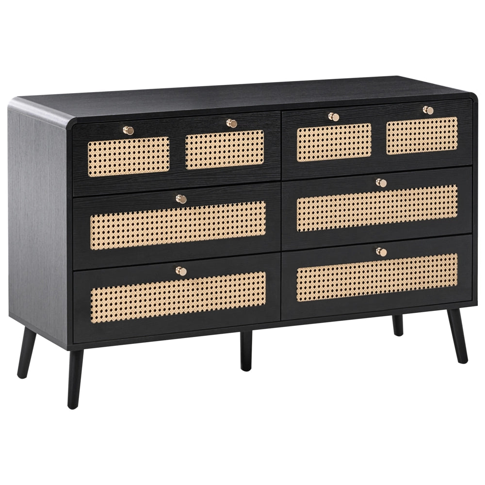 Cassettiera MDF 6 cassetti Gambe in legno Maniglie dorate Stile boho PE Rattan Nero