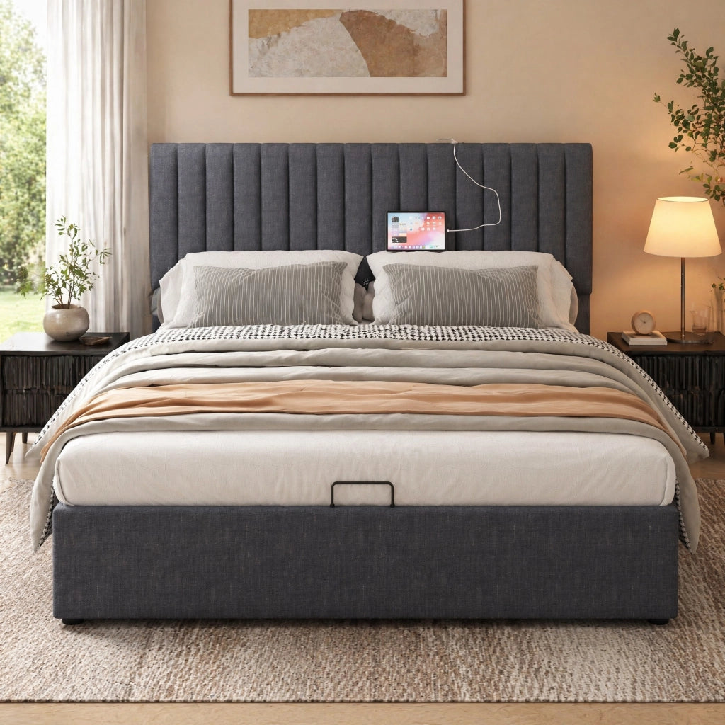 DESMIU Letto Contenitore 140 × 200 cm 2 Posti con LED, USB, Type-C e Rete, senza Materasso, Grigio