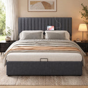 DESMIU Letto Contenitore 140 × 200 cm 2 Posti con LED, USB, Type-C e Rete, senza Materasso, Grigio