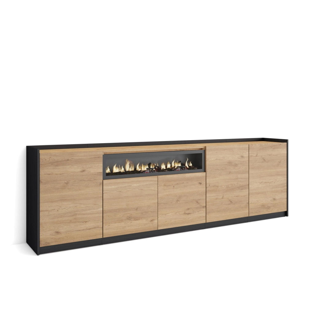 Credenza, Mobile, Cucina, 260x80x37 cm, 5 Porte, Camino elettrico, Rovere e nero