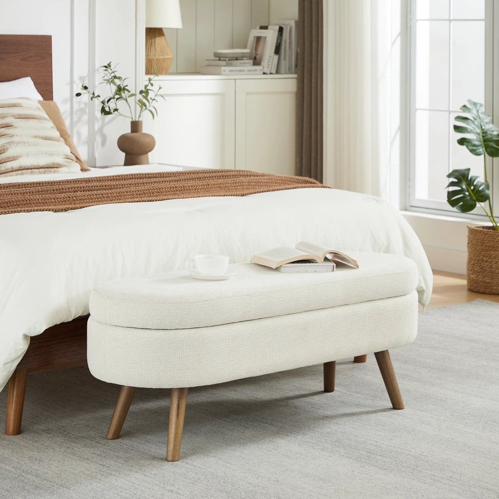 Panca contenitore in chenille con vano portaoggetti e fori di ventilazione, beige, per camera da letto e corridoio, 110 cm